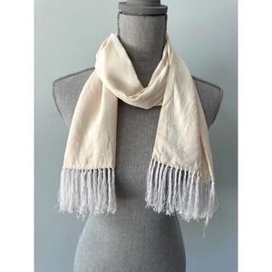 Vintage Christian Dior Silk Scarf Off White Ivory Cream Solid Long Fringed Wrap